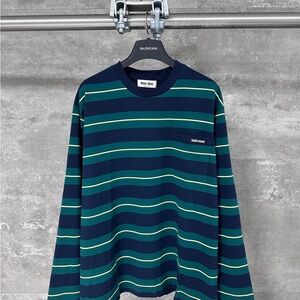 Miu Miu Striped Long Sleeve Top in Navy and Green